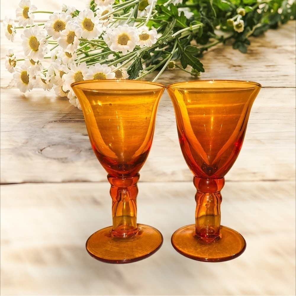 Vintage Imperial Old Williamsburg Water Goblets Amber Glass Set of 2